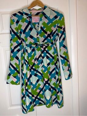 Lilly Pulitzer Geometric Colorblock Shirt Dress - Teal, Navy, Green, Pink Size 2